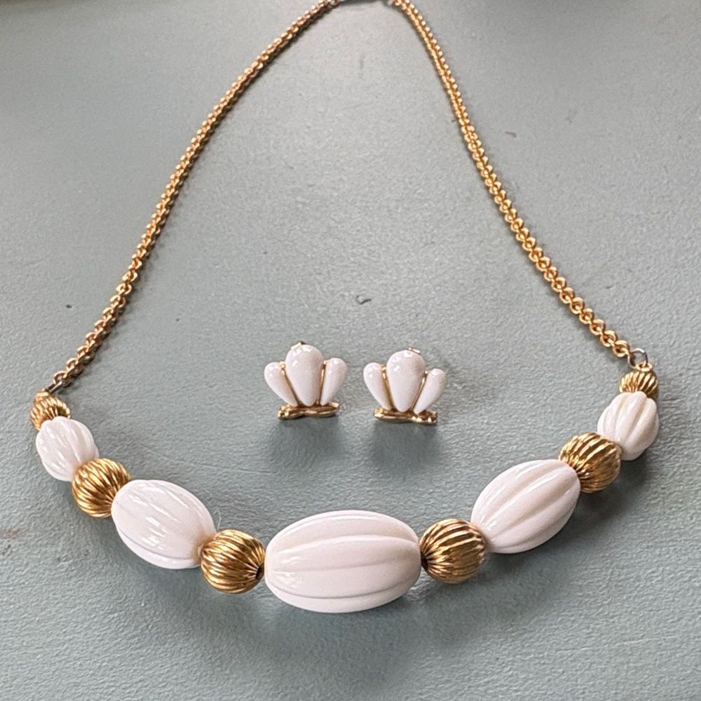 Vintage Avon Gold and White Beaded Necklace  and Butterfly Earrings Set